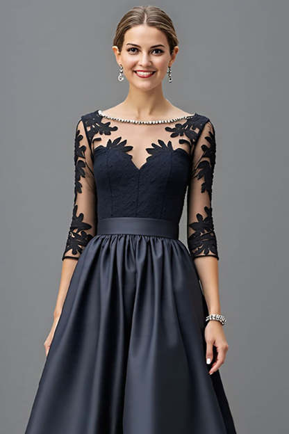 Satin Navy A Line Maxi Mother of the Bride Dress with Lace