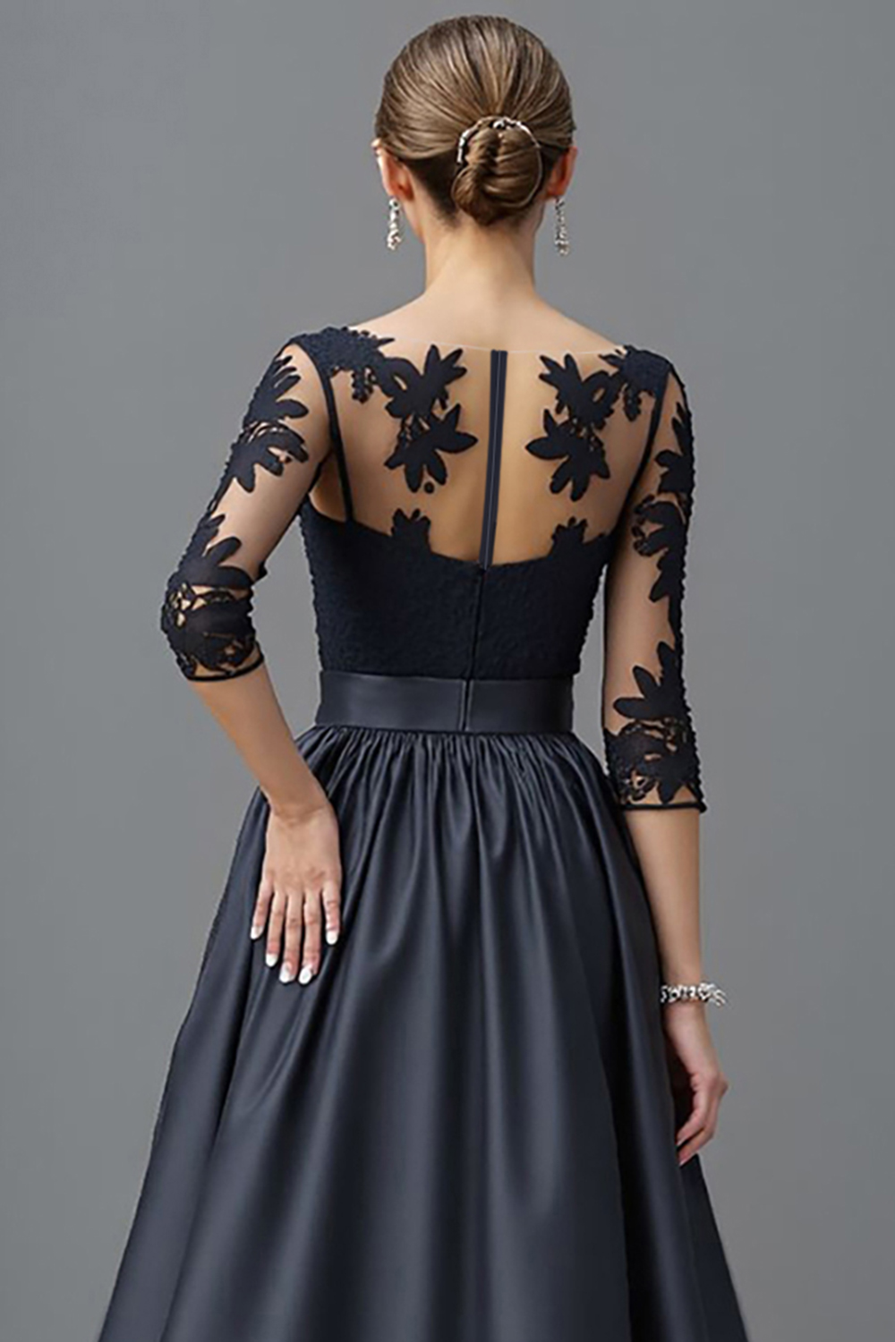 Satin Navy A Line Maxi Mother of the Bride Dress with Lace