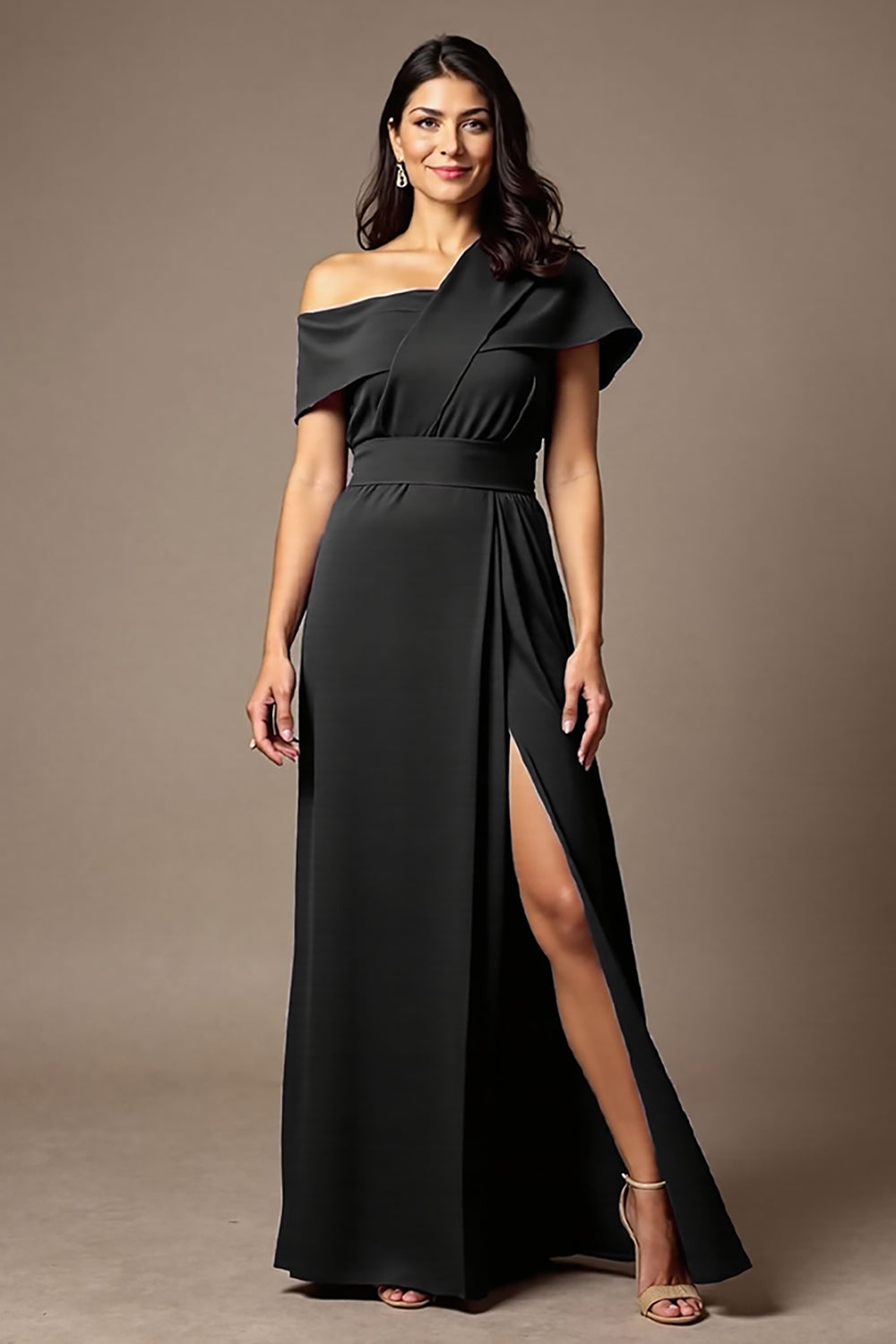 Black Satin One Shoulder Sheath Maxi Mother of the Bride Dress with Slit