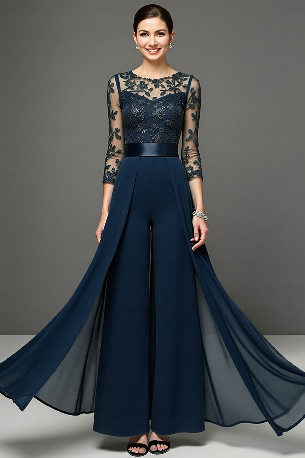 Navy Chiffon Maxi Mother of the Bride Pantsuits with Appliques
