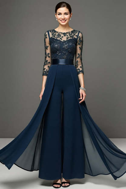 Leely Women Navy Chiffon Maxi Mother of the Bride Pantsuits with Appliques Illusion Neck 3/4 Sleeves Wedding Guest Pantsuits with Side Cape