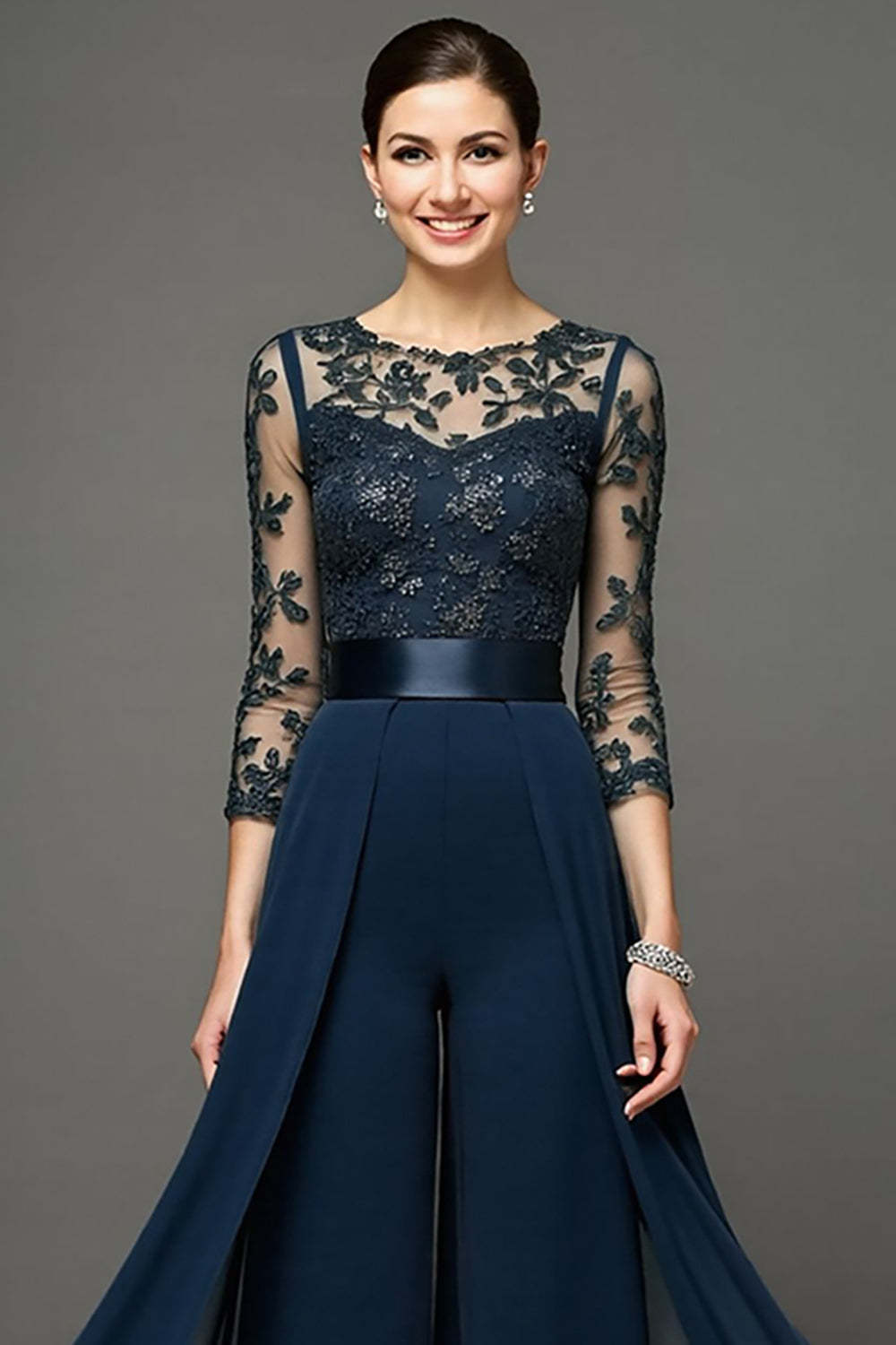 Navy Chiffon Maxi Mother of the Bride Pantsuits with Appliques