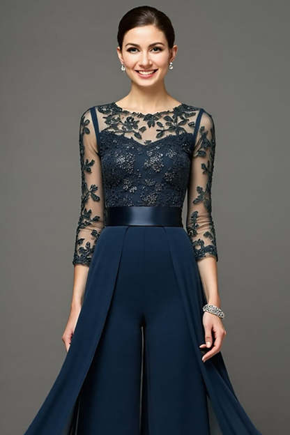 Navy Chiffon Maxi Mother of the Bride Pantsuits with Appliques