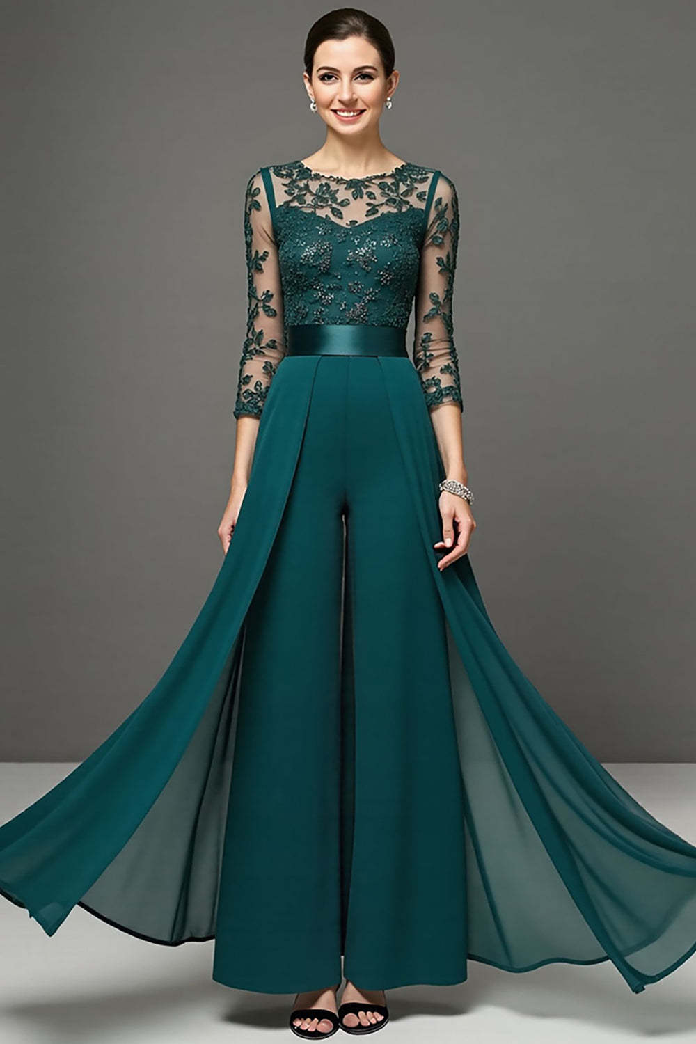 Navy Chiffon Maxi Mother of the Bride Pantsuits with Appliques