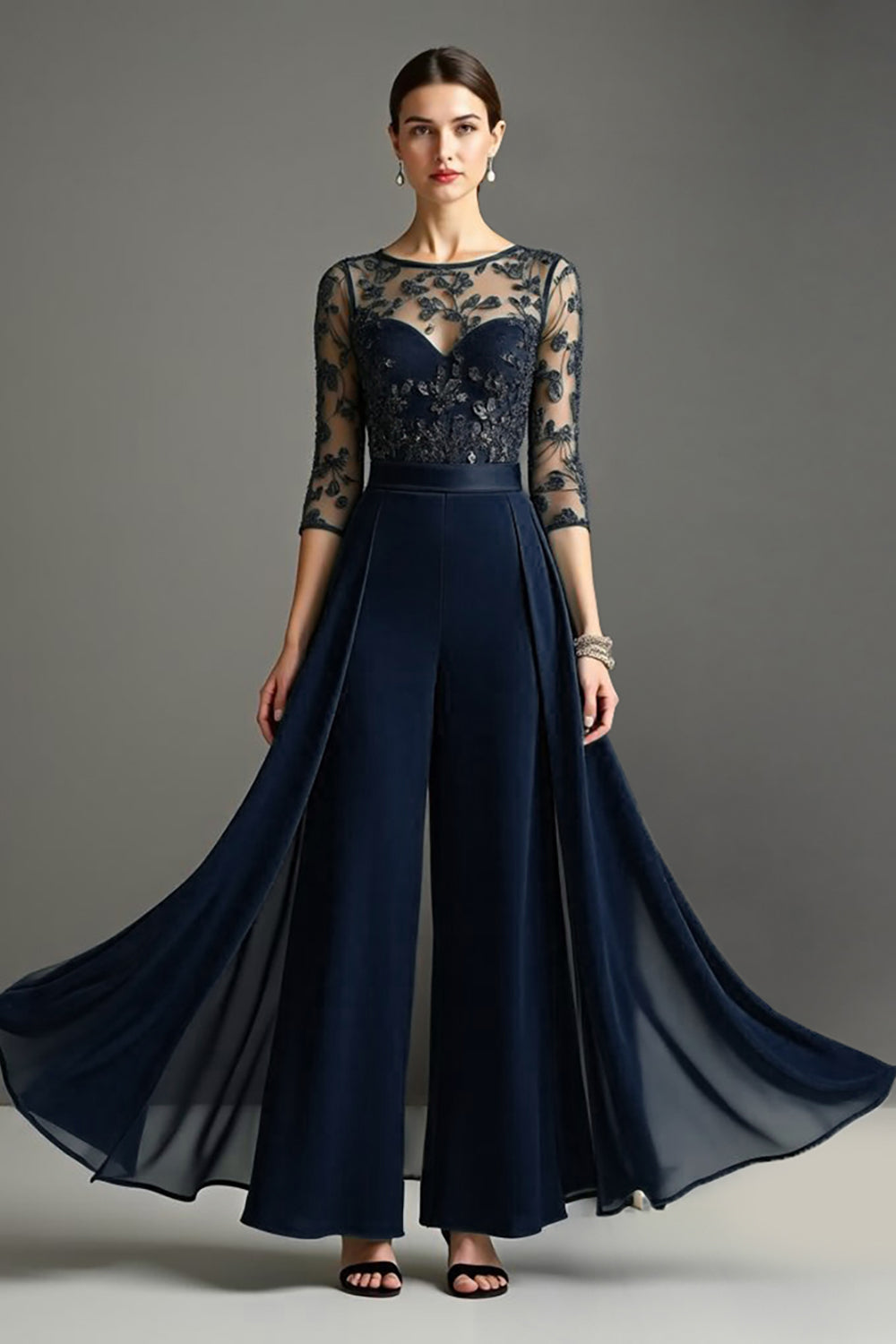 Leely Women Navy Chiffon Appliqued Mother of the Bride Pantsuits with Lace Illusion Neck 3/4 Sleeves Wedding Guest Pantsuits with Side Cape