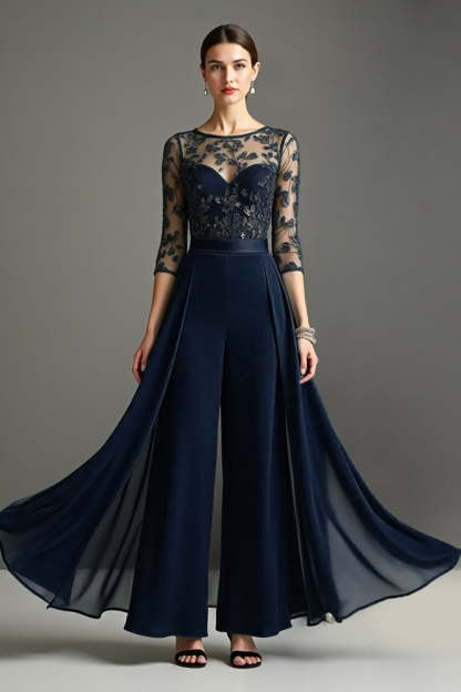 Leely Women Navy Chiffon Appliqued Mother of the Bride Pantsuits with Lace Illusion Neck 3/4 Sleeves Wedding Guest Pantsuits with Side Cape