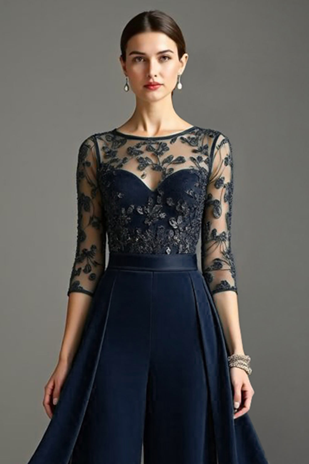 Navy Chiffon 3/4 Sleeves Mother of the Bride Pantsuits with Lace