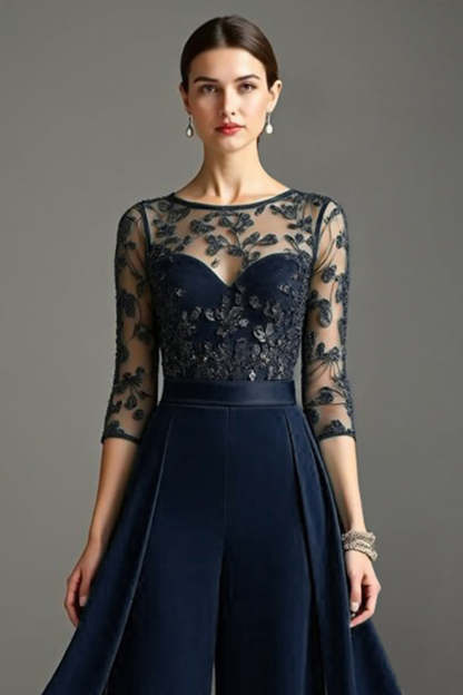 Navy Chiffon 3/4 Sleeves Mother of the Bride Pantsuits with Lace
