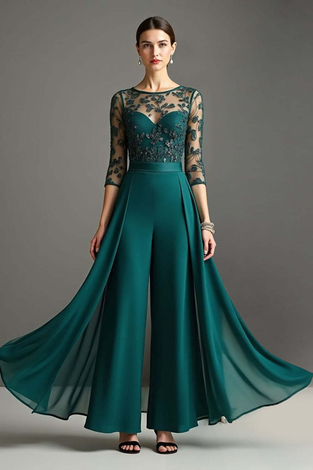 Navy Chiffon 3/4 Sleeves Mother of the Bride Pantsuits with Lace