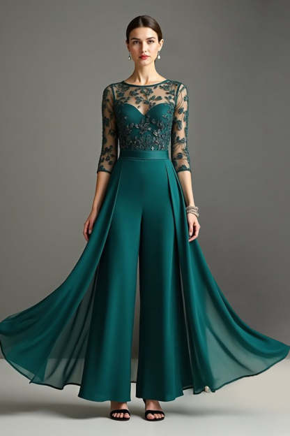 Navy Chiffon 3/4 Sleeves Mother of the Bride Pantsuits with Lace