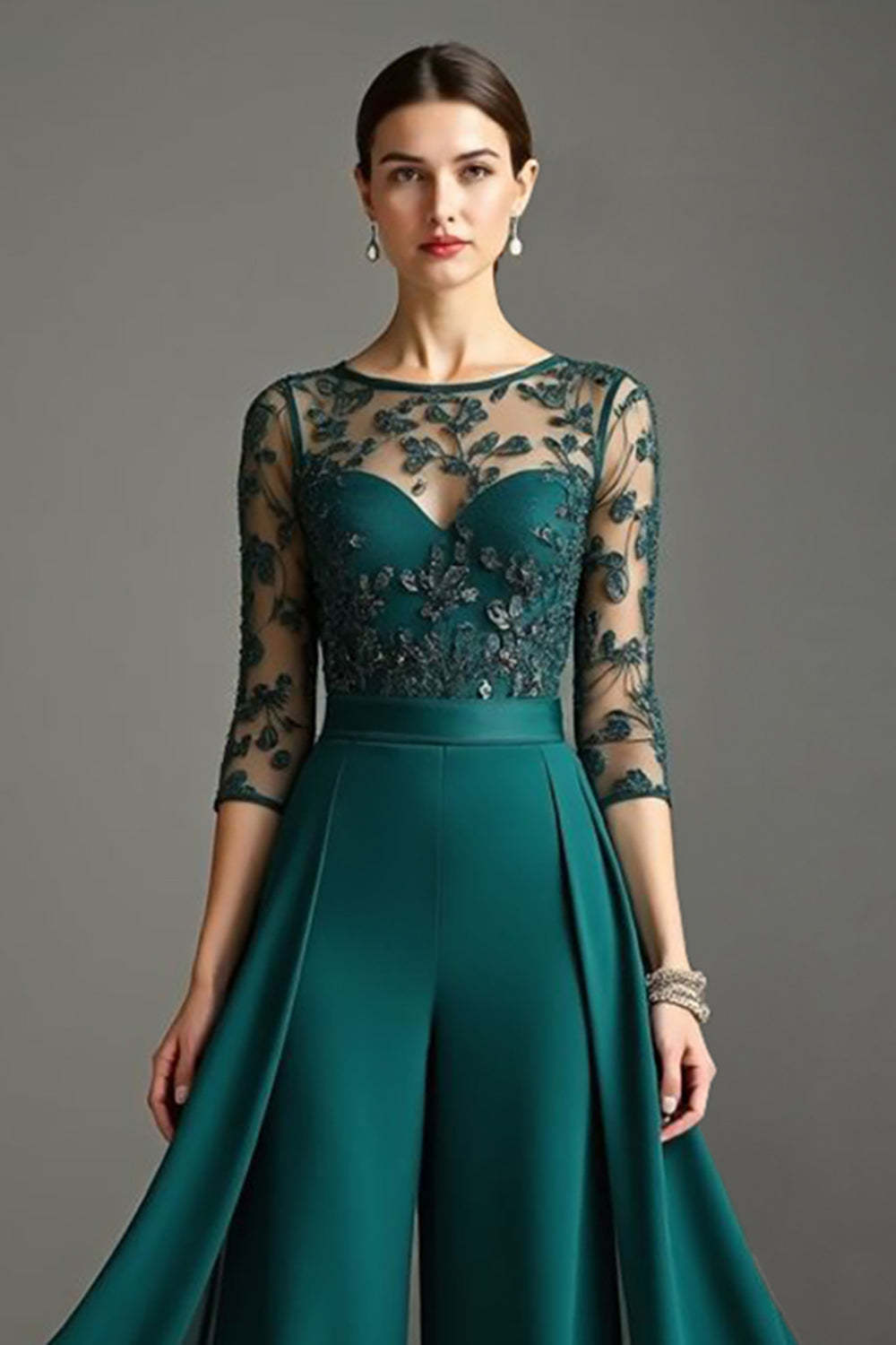 Navy Chiffon 3/4 Sleeves Mother of the Bride Pantsuits with Lace
