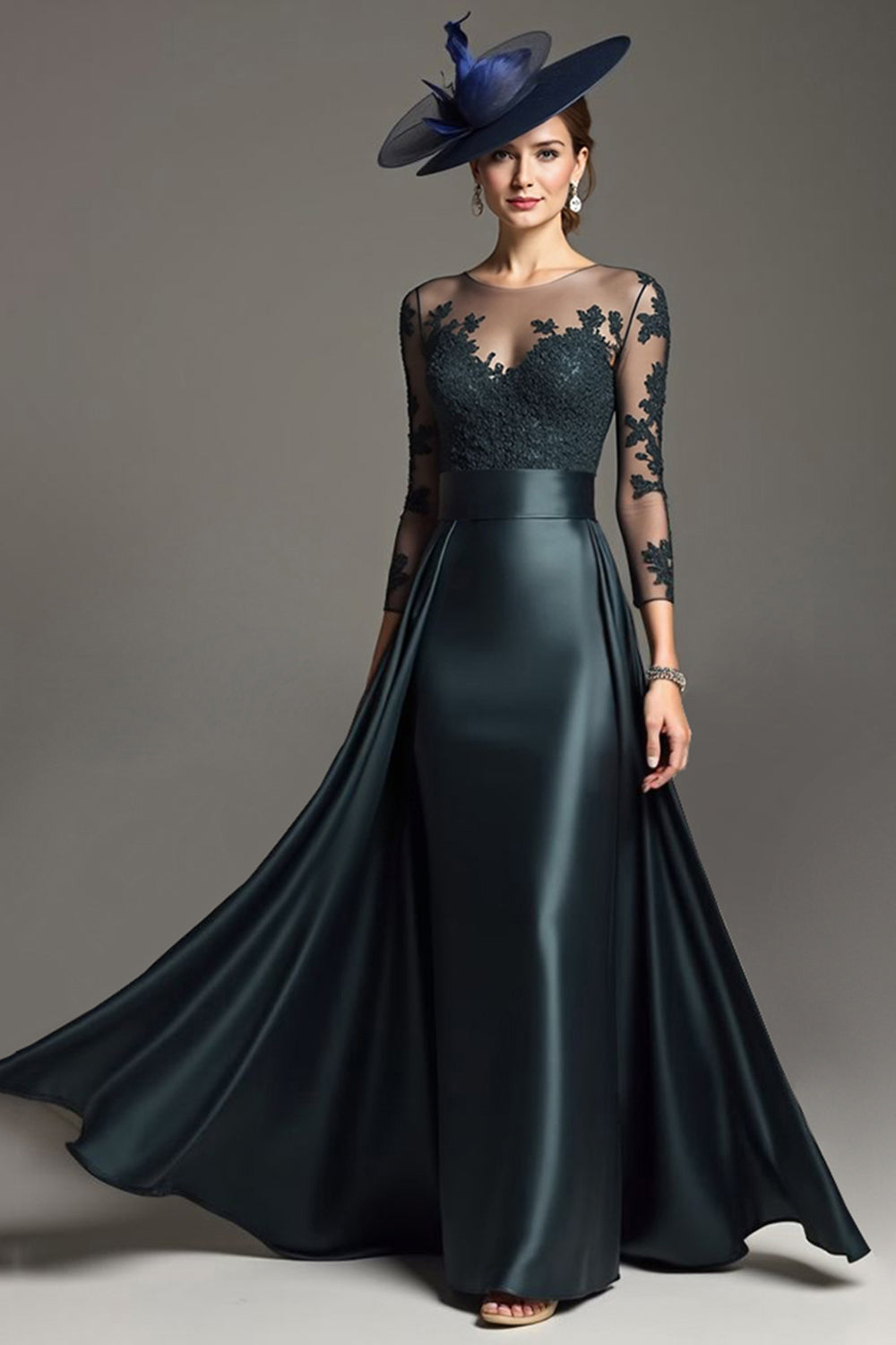 Navy Illusion Neck Maxi Satin Mother of the Bride Dress with Lace