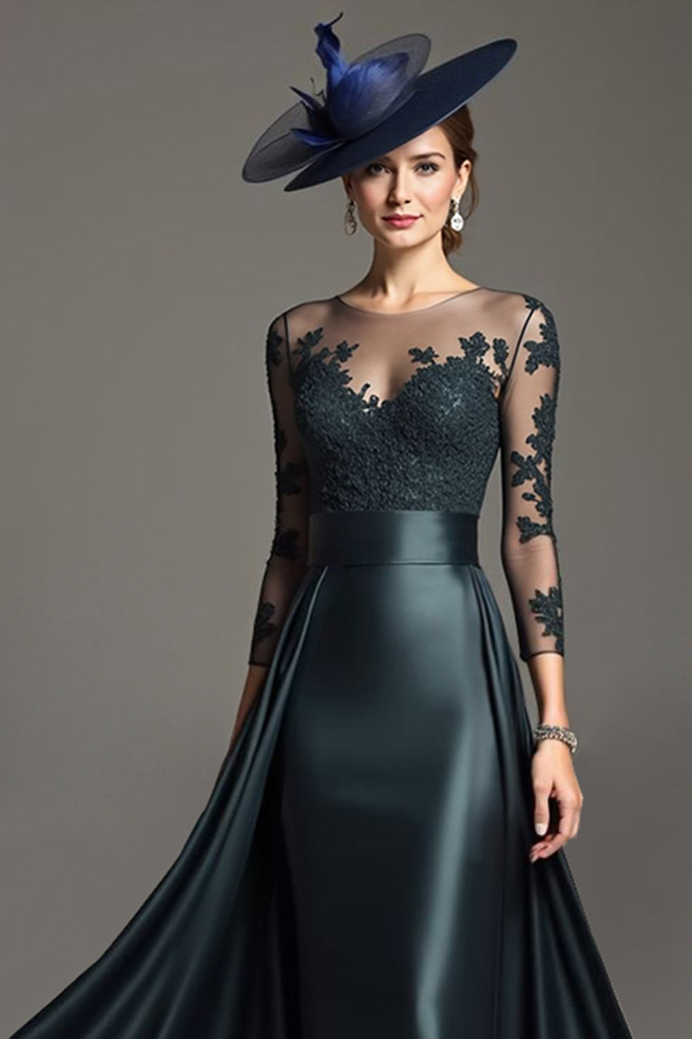 Navy Illusion Neck Maxi Satin Mother of the Bride Dress with Lace