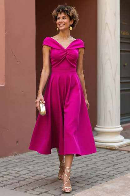 Leely Women Fuchsia Satin A Line Midi Mother of the Bride Dress V-Neck Ruched Cap Sleeves Summer Wedding Guest Dress