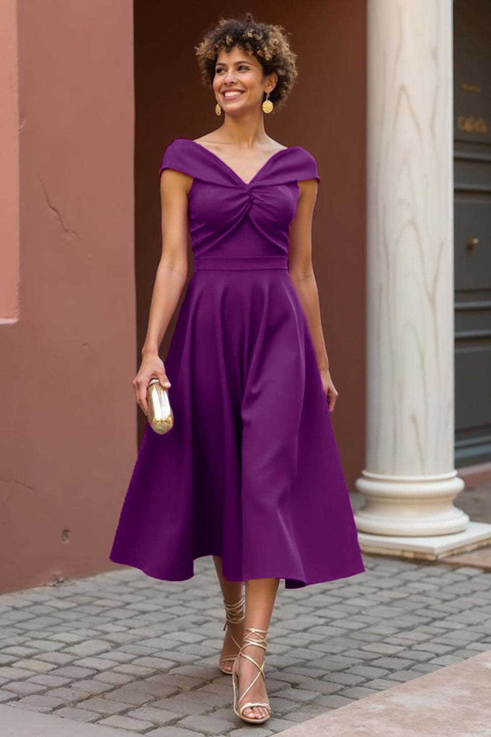 A Line Fuchsia Satin V-Neck Midi Mother of the Bride Dress