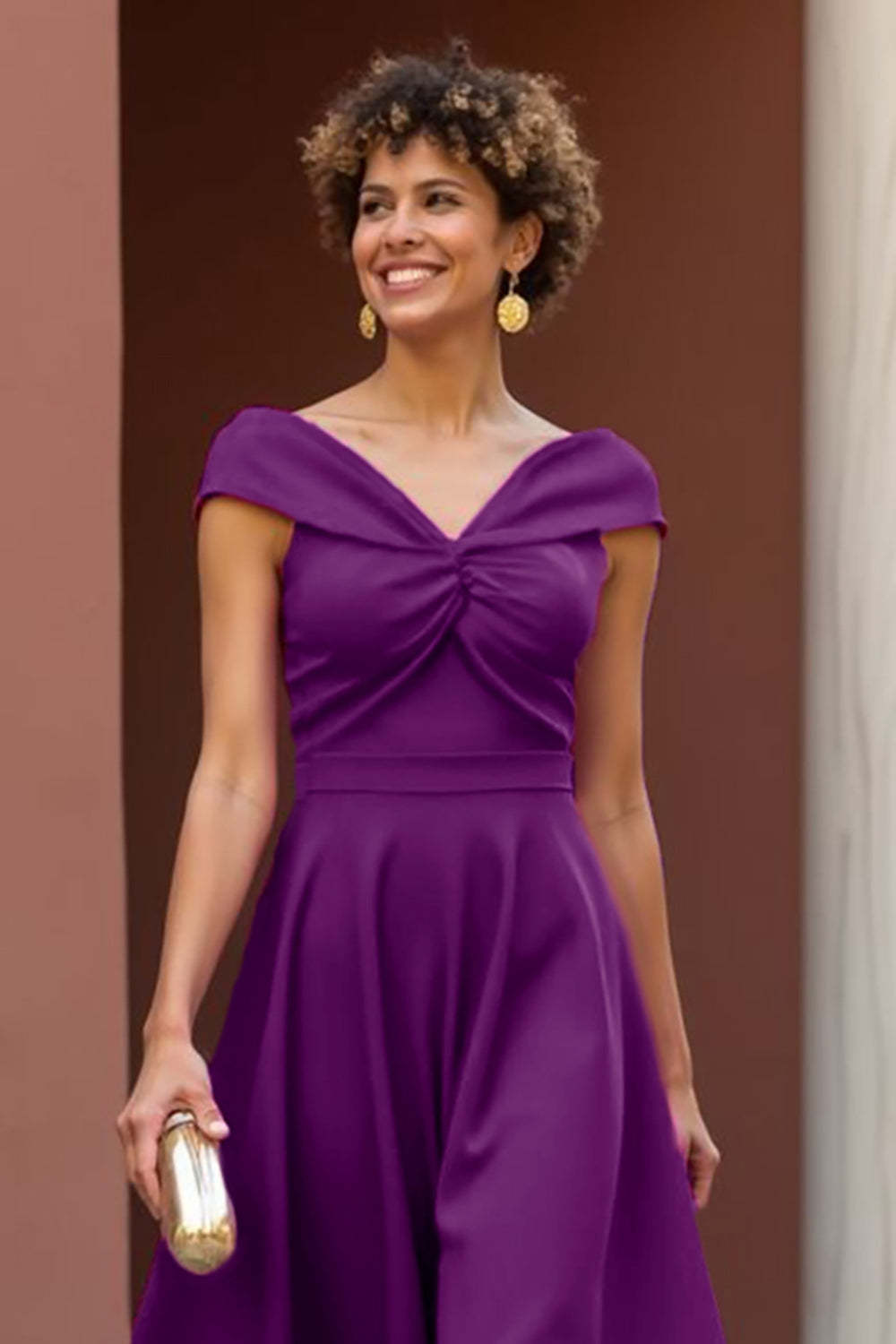 A Line Fuchsia Satin V-Neck Midi Mother of the Bride Dress
