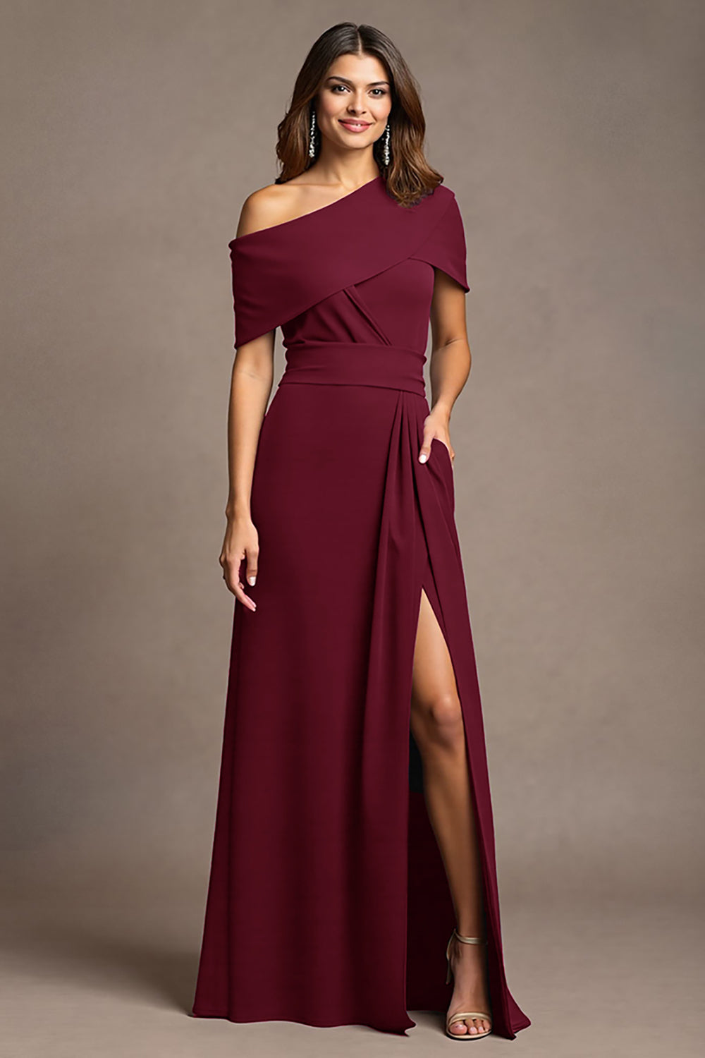 Burgundy Sheath Maxi Mother of the Bride Dress with Slit