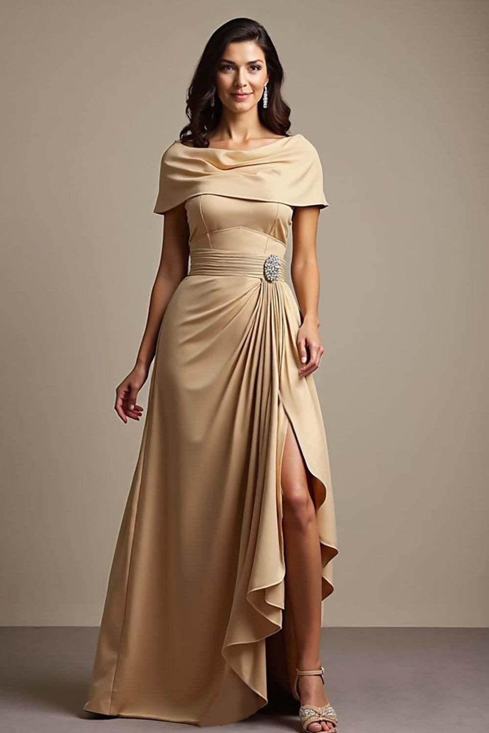Leely Women Champagne A Line Satin Ruffled Maxi Mother of the Bride Dress with Slit Boat Neck Ruched Evening Dress with Sleeves