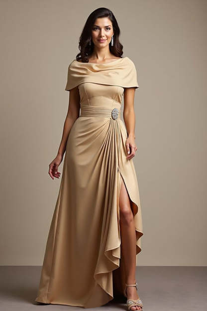 Leely Women Champagne A Line Satin Ruffled Maxi Mother of the Bride Dress with Slit Boat Neck Ruched Evening Dress with Sleeves