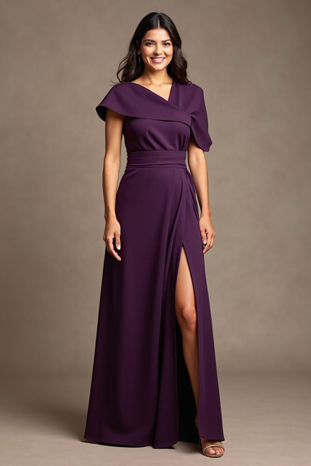 Grape Satin A Line Long Mother of the Bride Dress with Slit