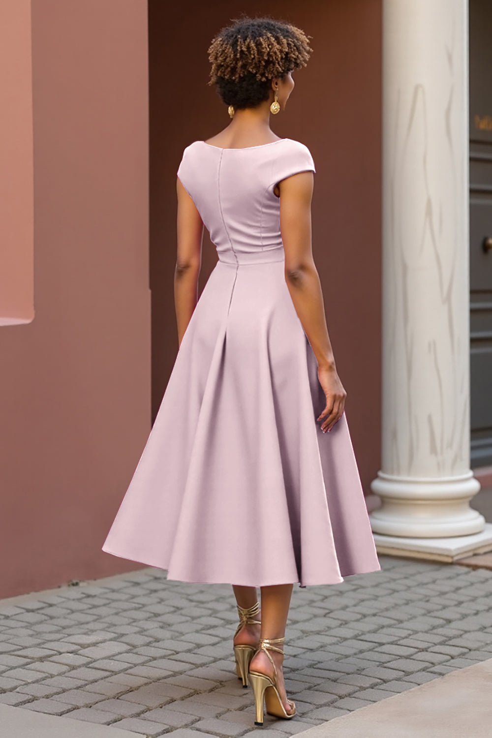 Dusty Rose V-Neck A Line Satin Midi Summer Mother of the Bride Dress
