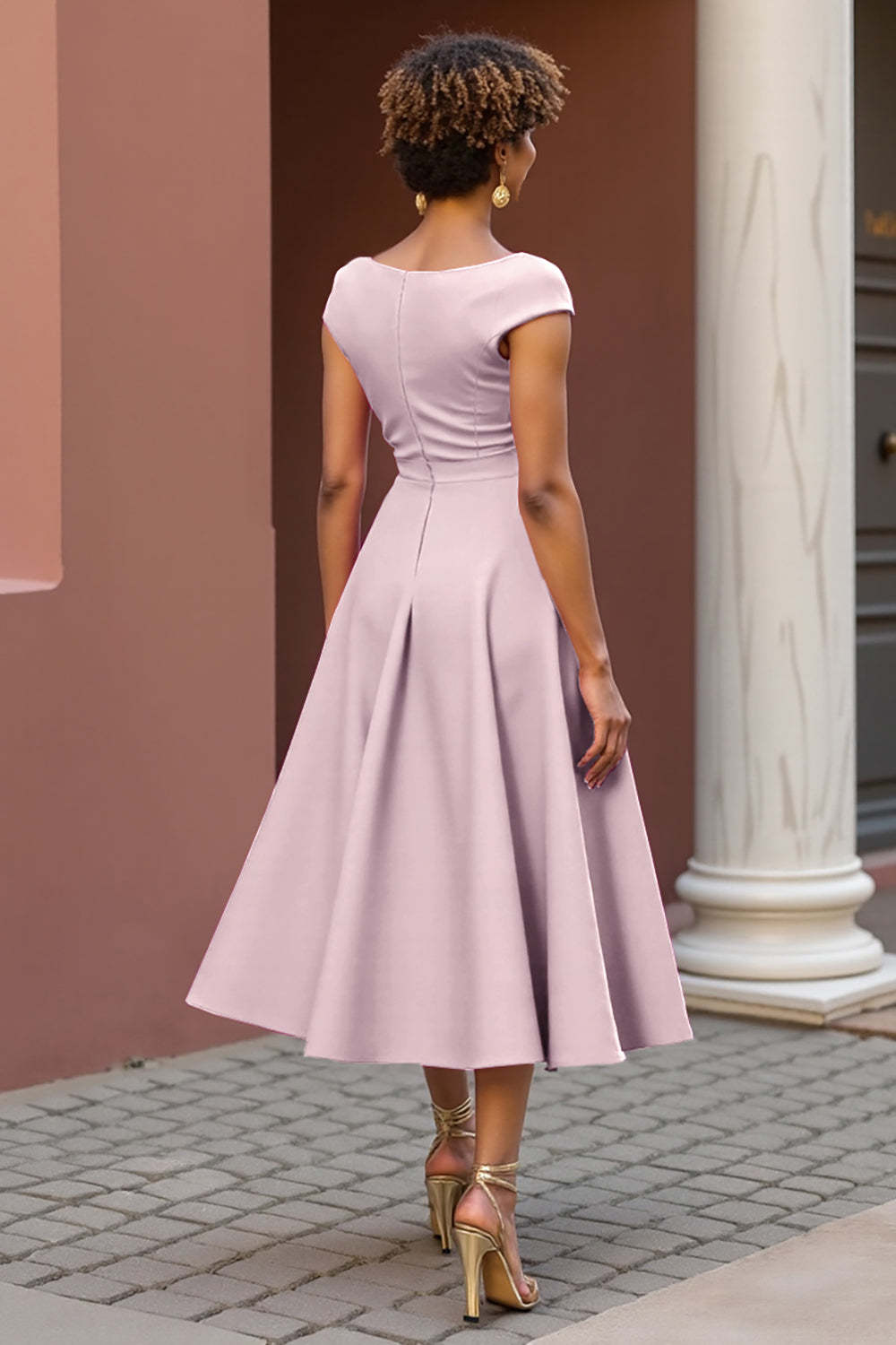 Dusty Rose V-Neck A Line Satin Midi Summer Mother of the Bride Dress