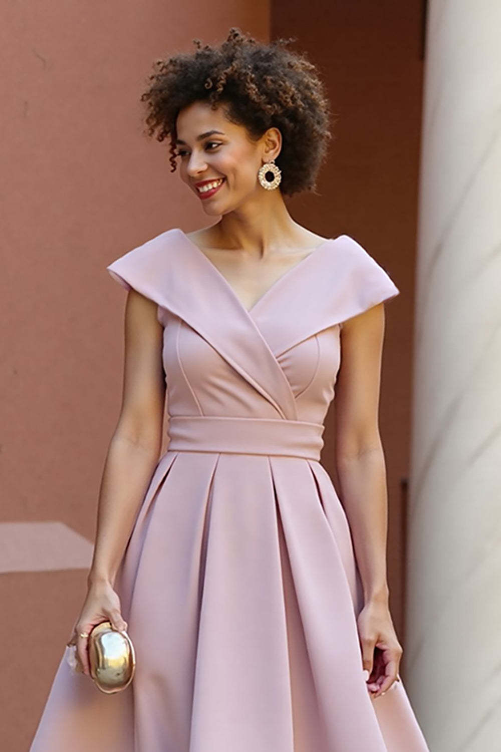 Dusty Rose V-Neck A Line Satin Midi Summer Mother of the Bride Dress