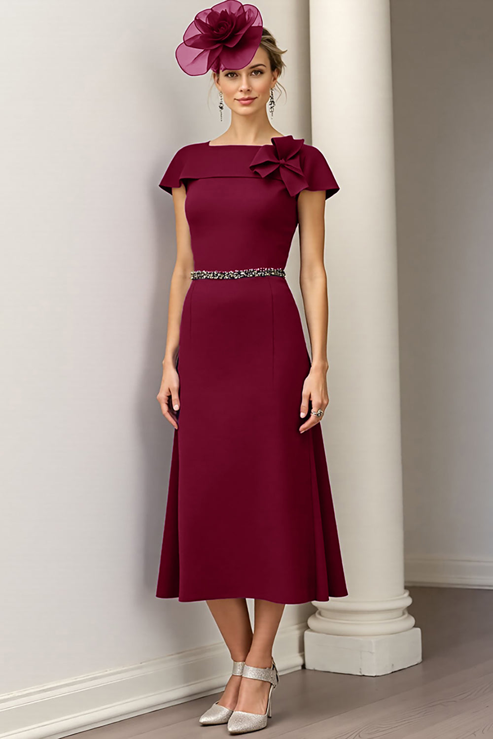 Burgundy A Line Bateau Neck Satin Midi Mother of the Bride Dress