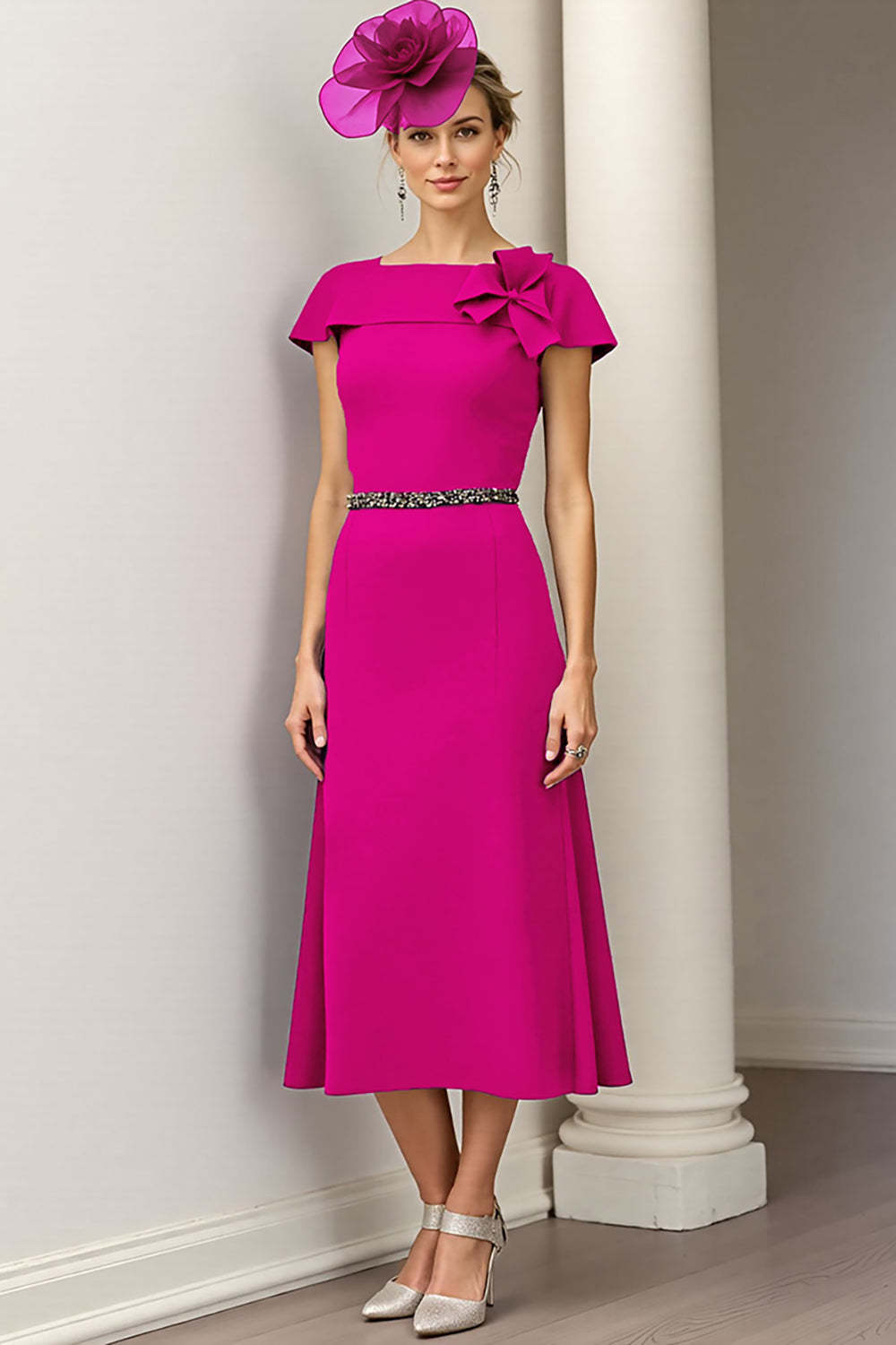 Leely Women Burgundy A Line Satin Midi Mother of the Bride Dress Bateau Neck Cap Sleeves Wedding Guest Dress
