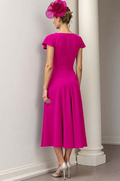 Burgundy A Line Bateau Neck Satin Midi Mother of the Bride Dress
