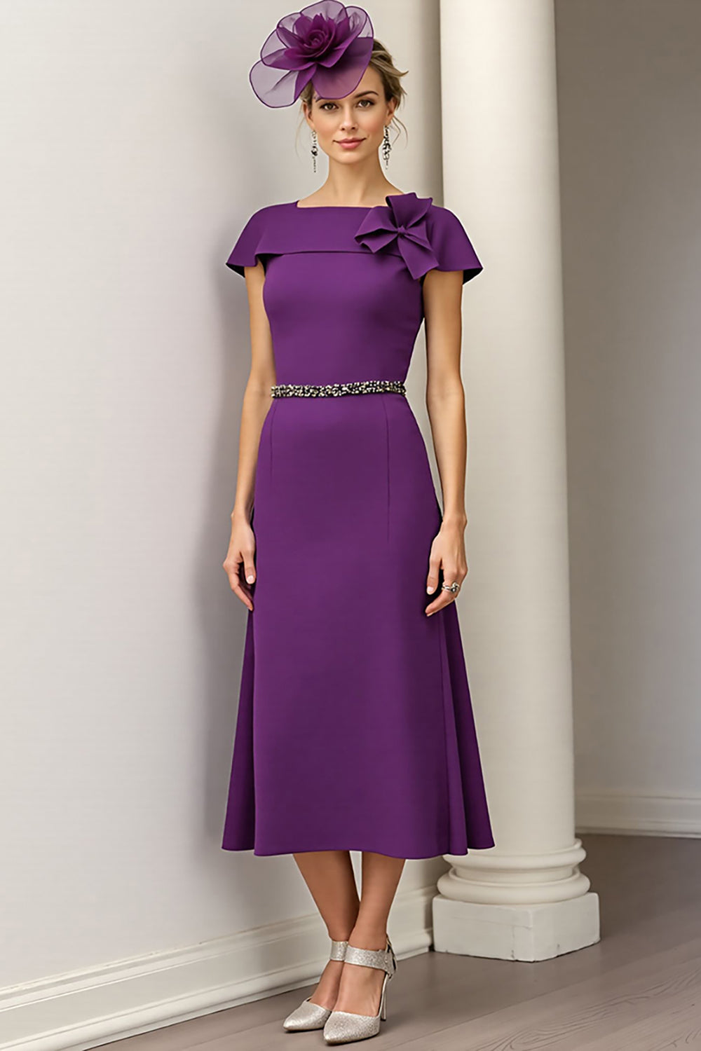 Burgundy A Line Bateau Neck Satin Midi Mother of the Bride Dress