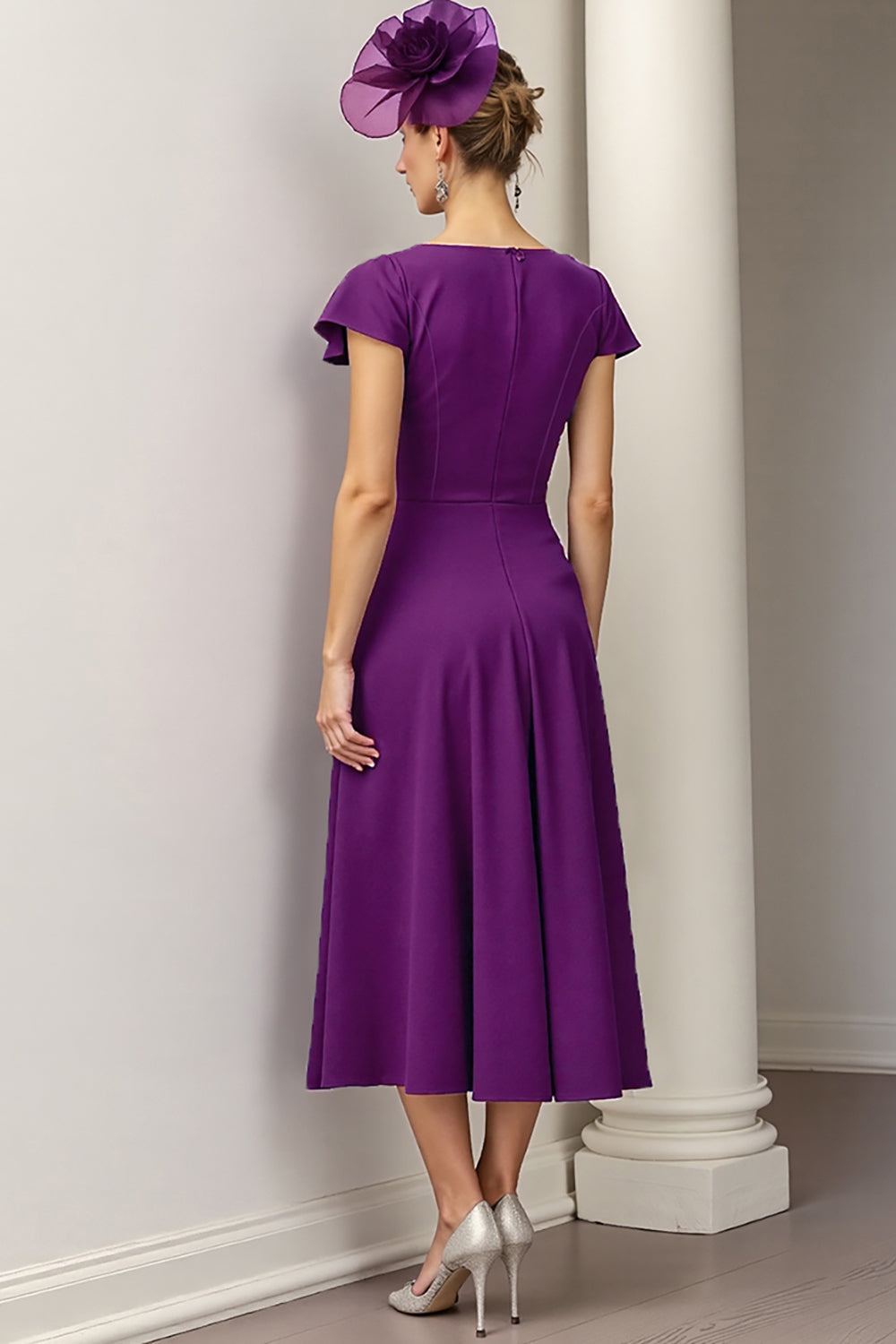 Burgundy A Line Bateau Neck Satin Midi Mother of the Bride Dress