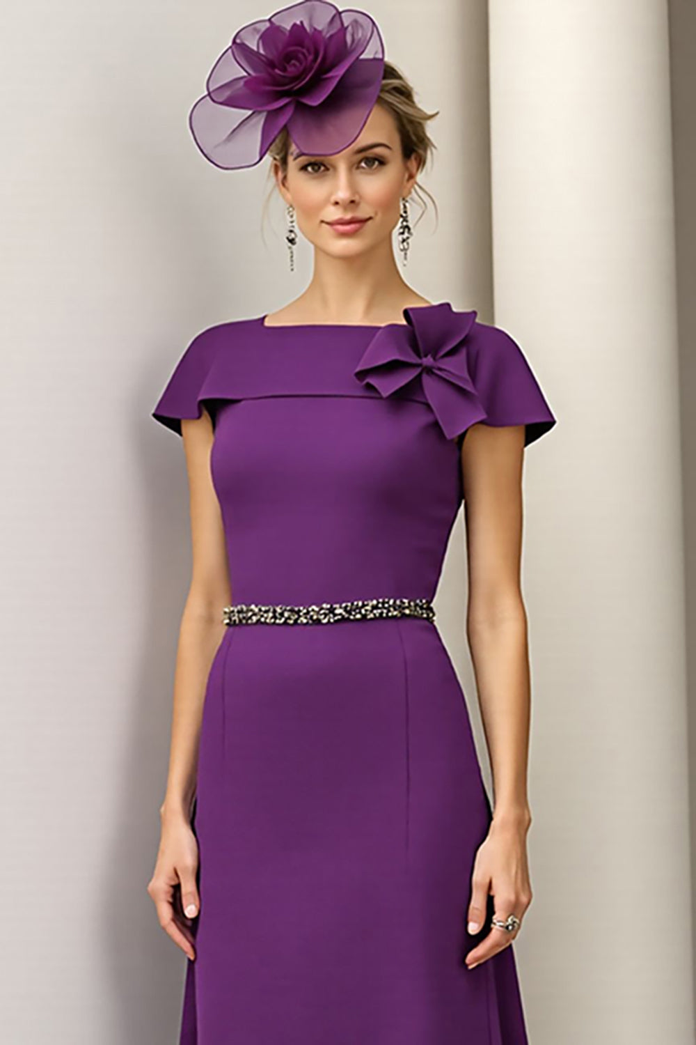 Burgundy A Line Bateau Neck Satin Midi Mother of the Bride Dress