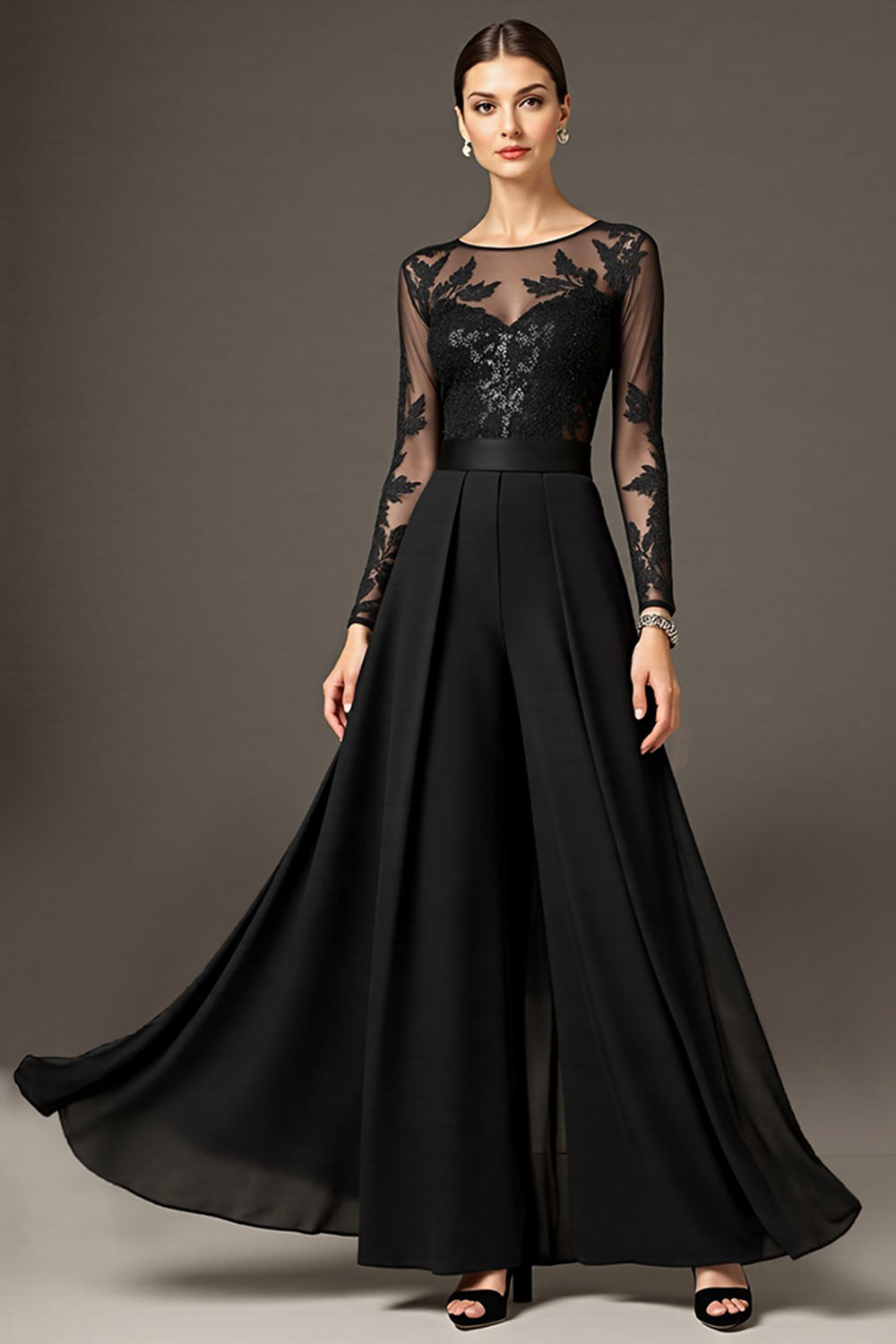 Black A Line Chiffon Maxi Mother of the Bride Dress with Lace