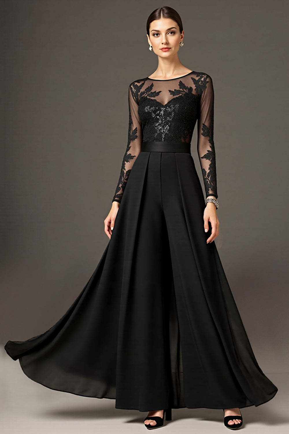 Leely Women Black Chiffon Maxi Mother of the Bride Dress with Lace A Line Illusion Neck Wedding Guest Dress with Sleeves