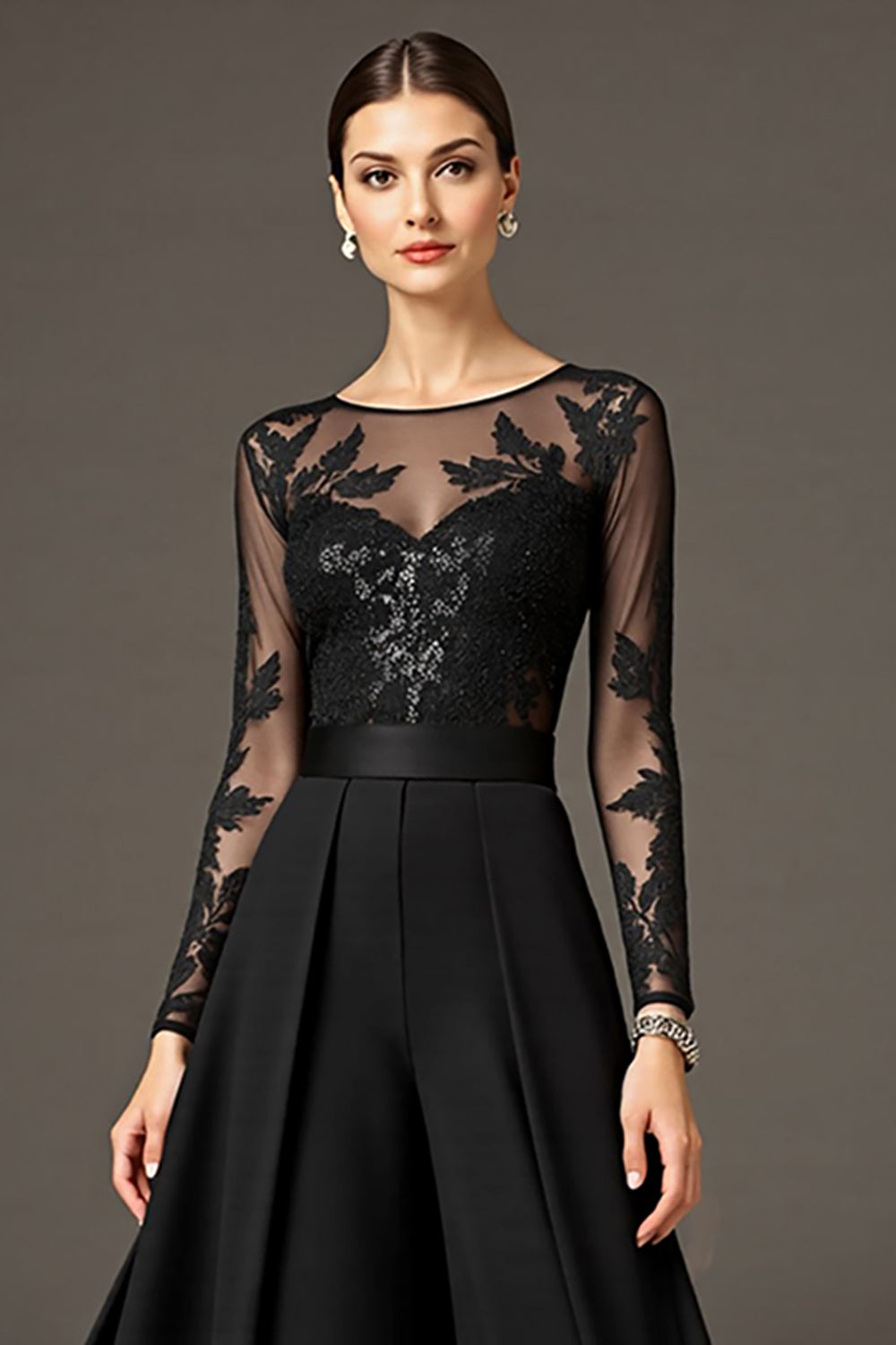 Black A Line Chiffon Maxi Mother of the Bride Dress with Lace