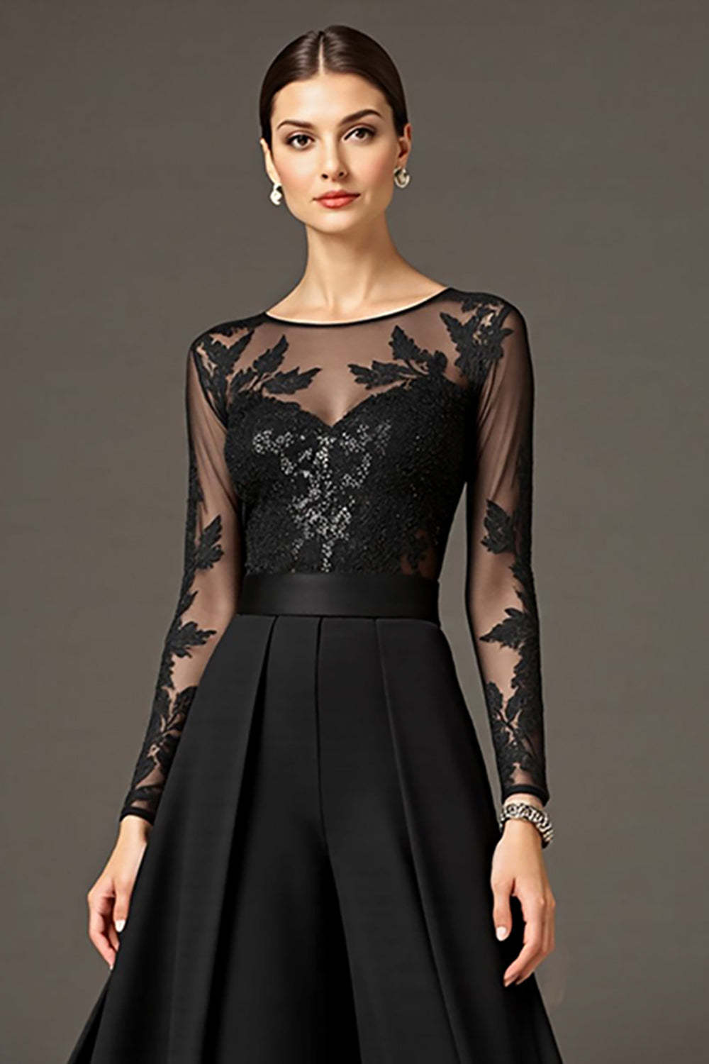 Black A Line Chiffon Maxi Mother of the Bride Dress with Lace