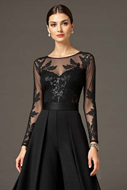 Black A Line Chiffon Maxi Mother of the Bride Dress with Lace