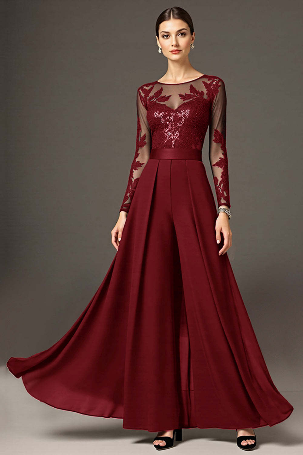 Black A Line Chiffon Maxi Mother of the Bride Dress with Lace