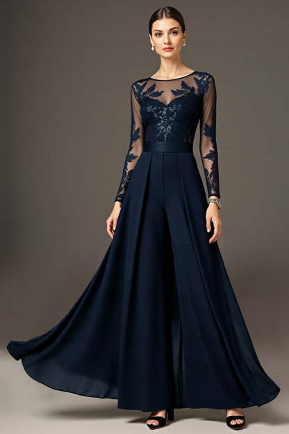 Black A Line Chiffon Maxi Mother of the Bride Dress with Lace