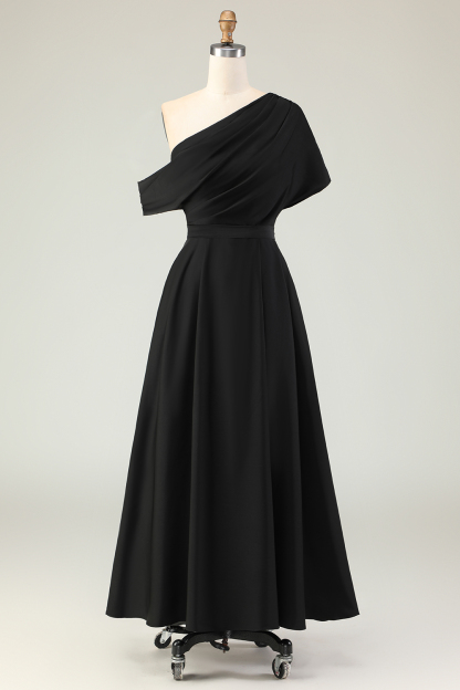 A Line Black Long Satin Mother of the Bride Dress with Pockets