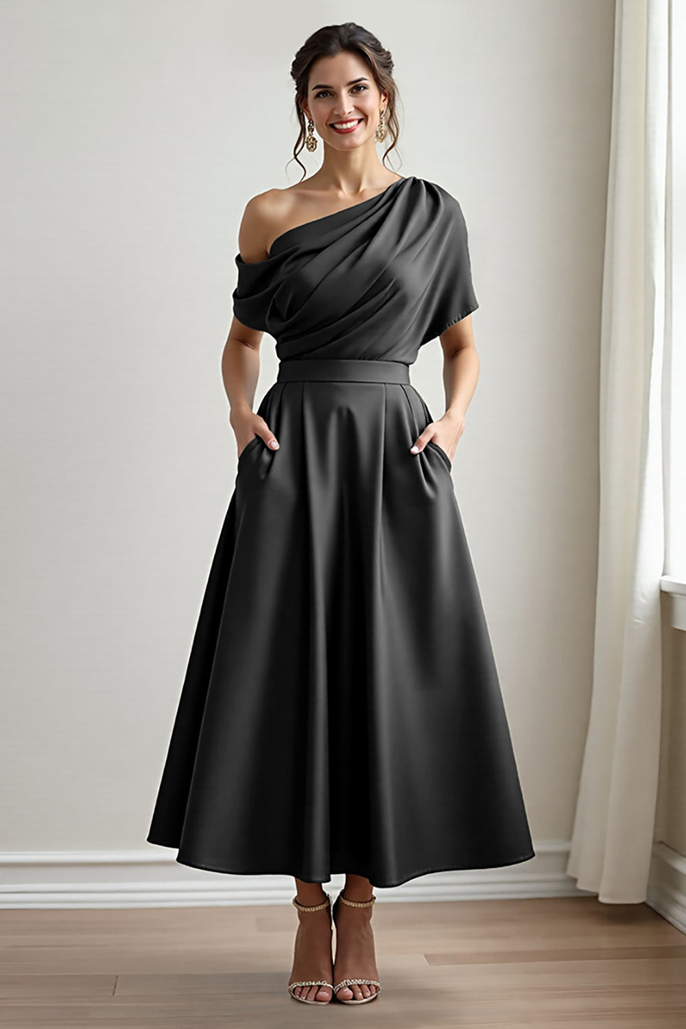 Leely Women Black A Line Long Satin Mother of the Bride Dress with Pockets Asymmetrical Neck Ruched Wedding Guest Dress with Sleeves