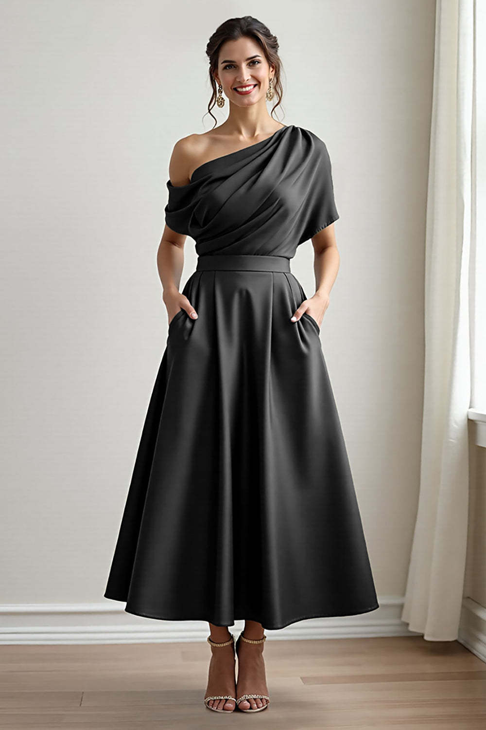 Leely Women Black A Line Long Satin Mother of the Bride Dress with Pockets Asymmetrical Neck Ruched Wedding Guest Dress with Sleeves