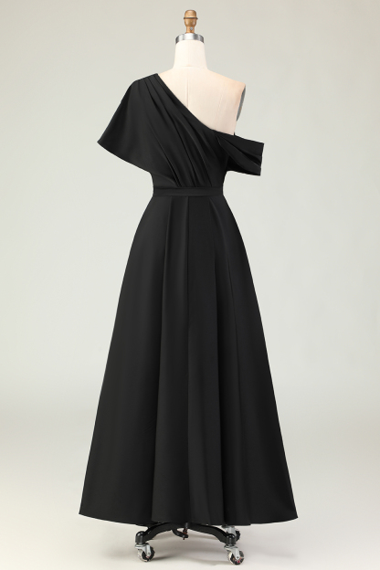A Line Black Long Satin Mother of the Bride Dress with Pockets