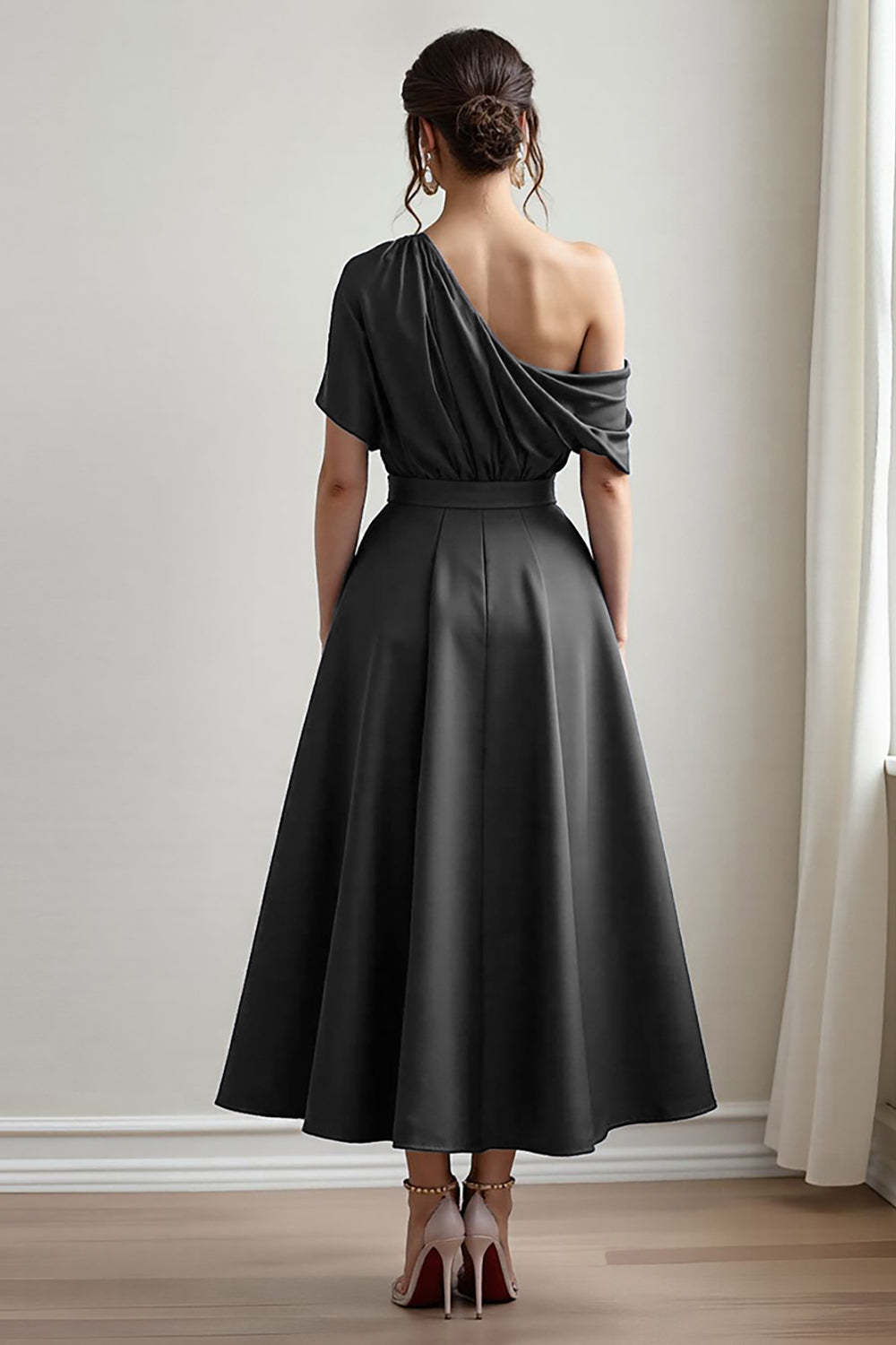 A Line Black Long Satin Mother of the Bride Dress with Pockets