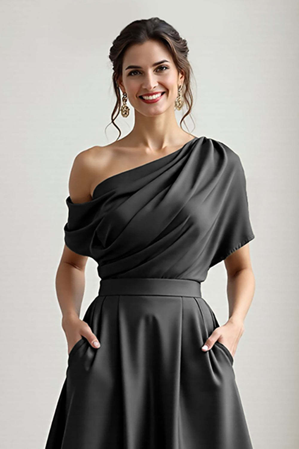 A Line Black Long Satin Mother of the Bride Dress with Pockets
