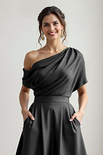 A Line Black Long Satin Mother of the Bride Dress with Pockets