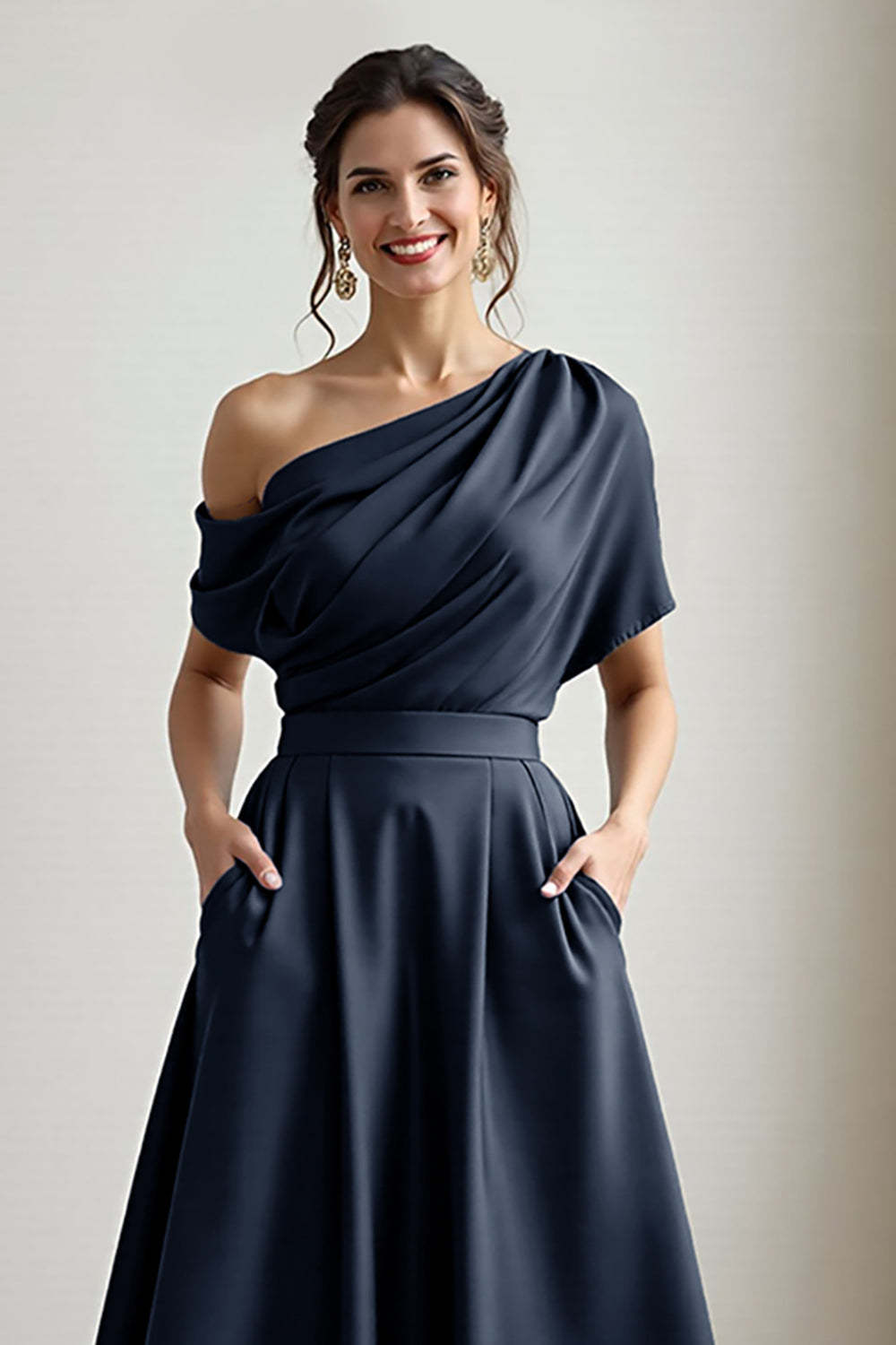 A Line Black Long Satin Mother of the Bride Dress with Pockets