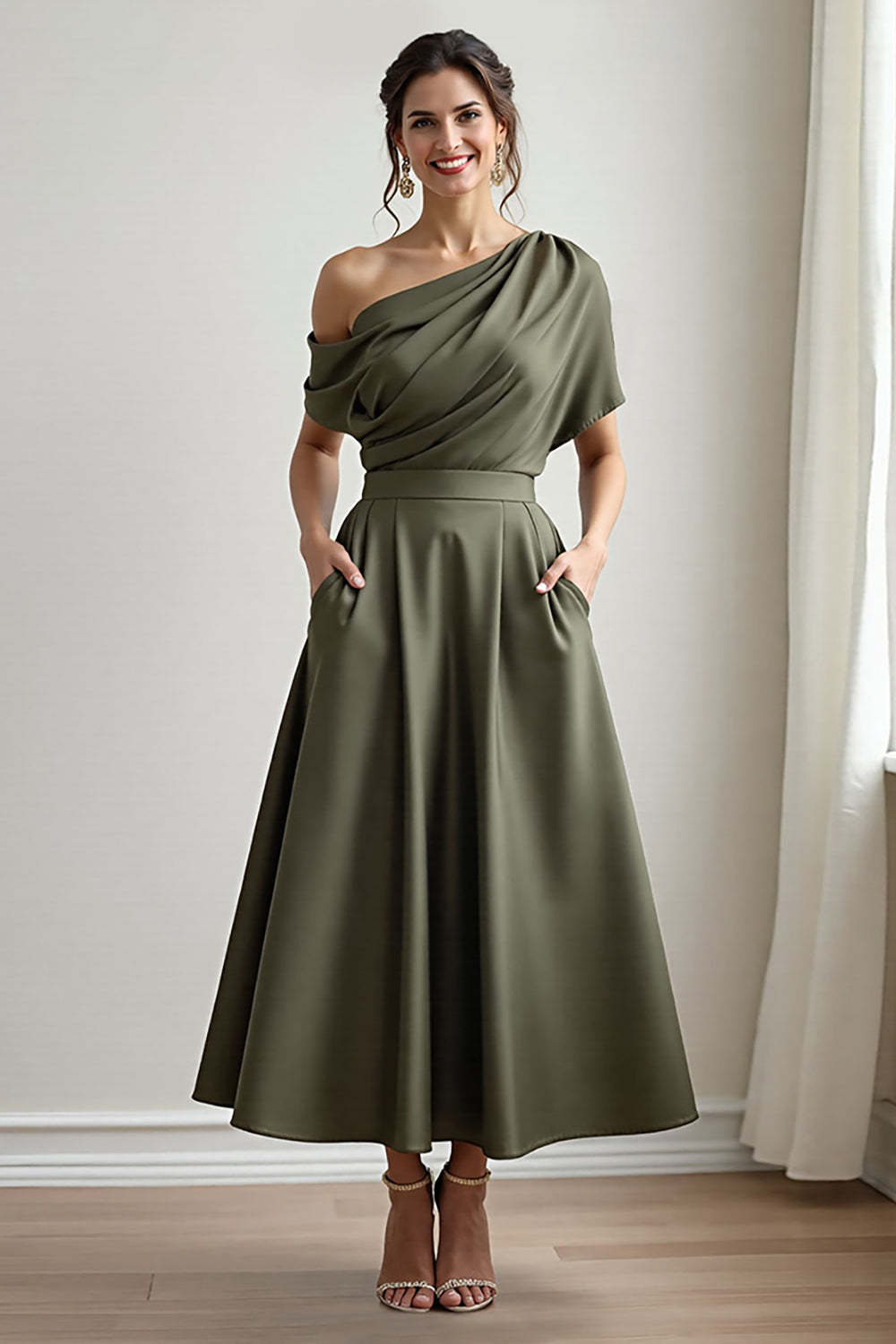 A Line Black Long Satin Mother of the Bride Dress with Pockets