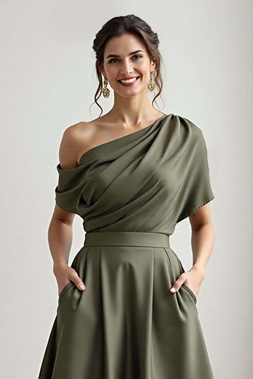 A Line Black Long Satin Mother of the Bride Dress with Pockets